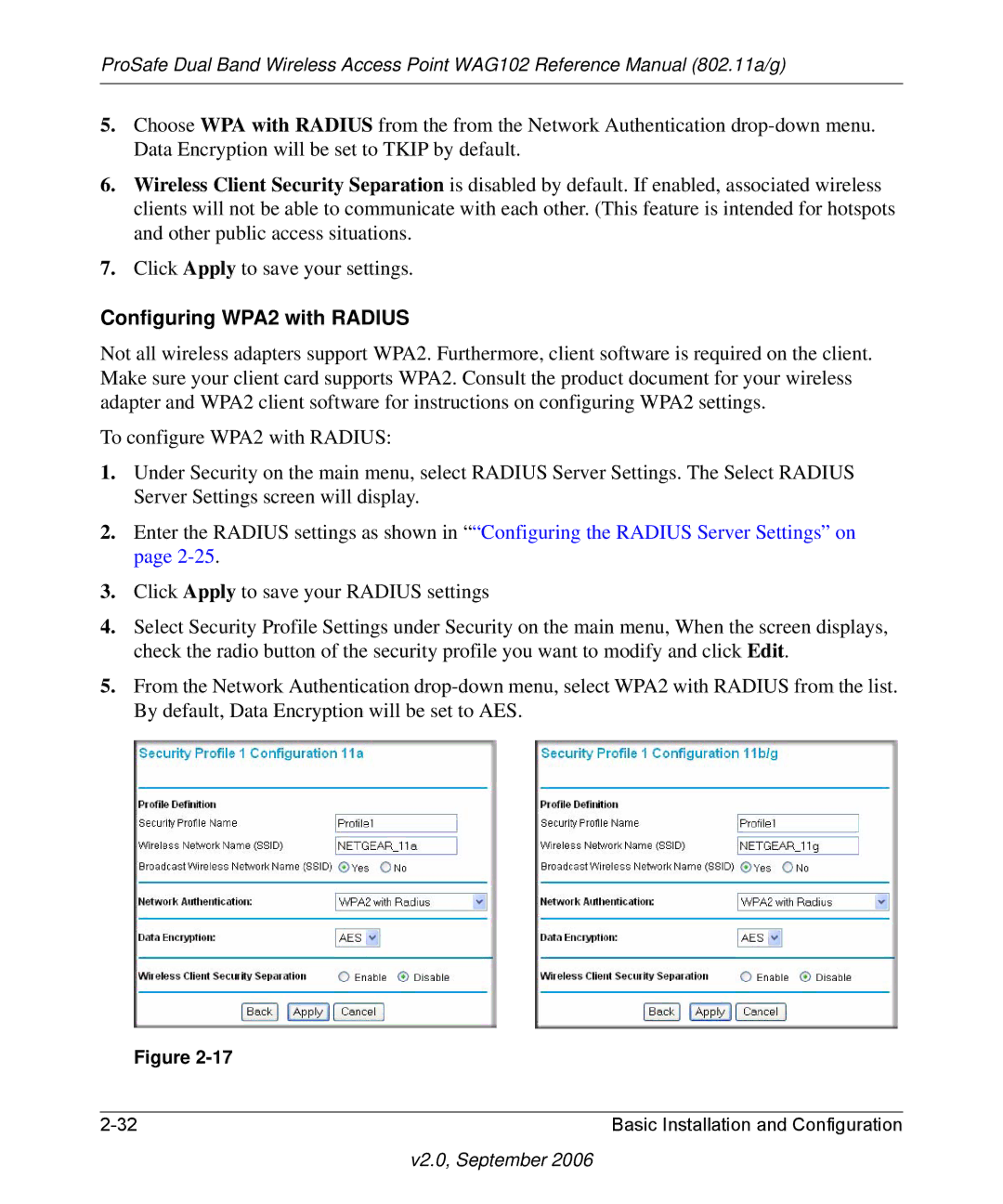 NETGEAR WAG102NA manual Configuring WPA2 with Radius 