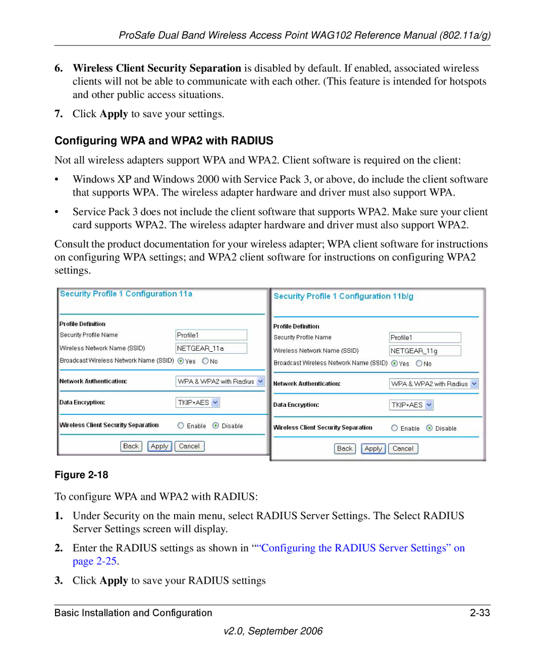 NETGEAR WAG102NA manual Configuring WPA and WPA2 with Radius, Click Apply to save your Radius settings 