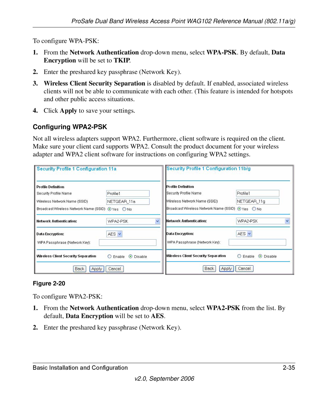 NETGEAR WAG102NA manual Configuring WPA2-PSK 