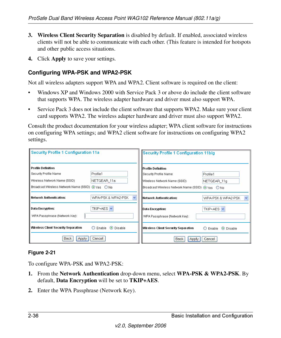 NETGEAR WAG102NA manual Configuring WPA-PSK and WPA2-PSK, Enter the WPA Passphrase Network Key 