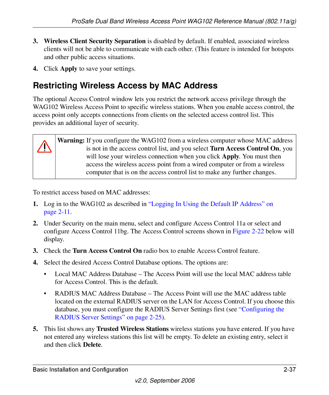 NETGEAR WAG102NA manual Restricting Wireless Access by MAC Address 