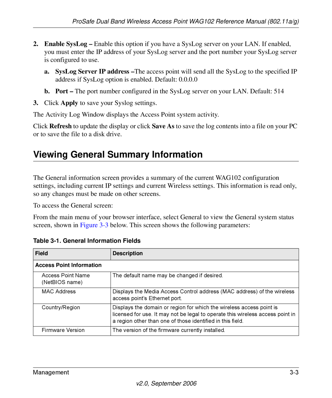 NETGEAR WAG102NA manual Viewing General Summary Information, General Information Fields 