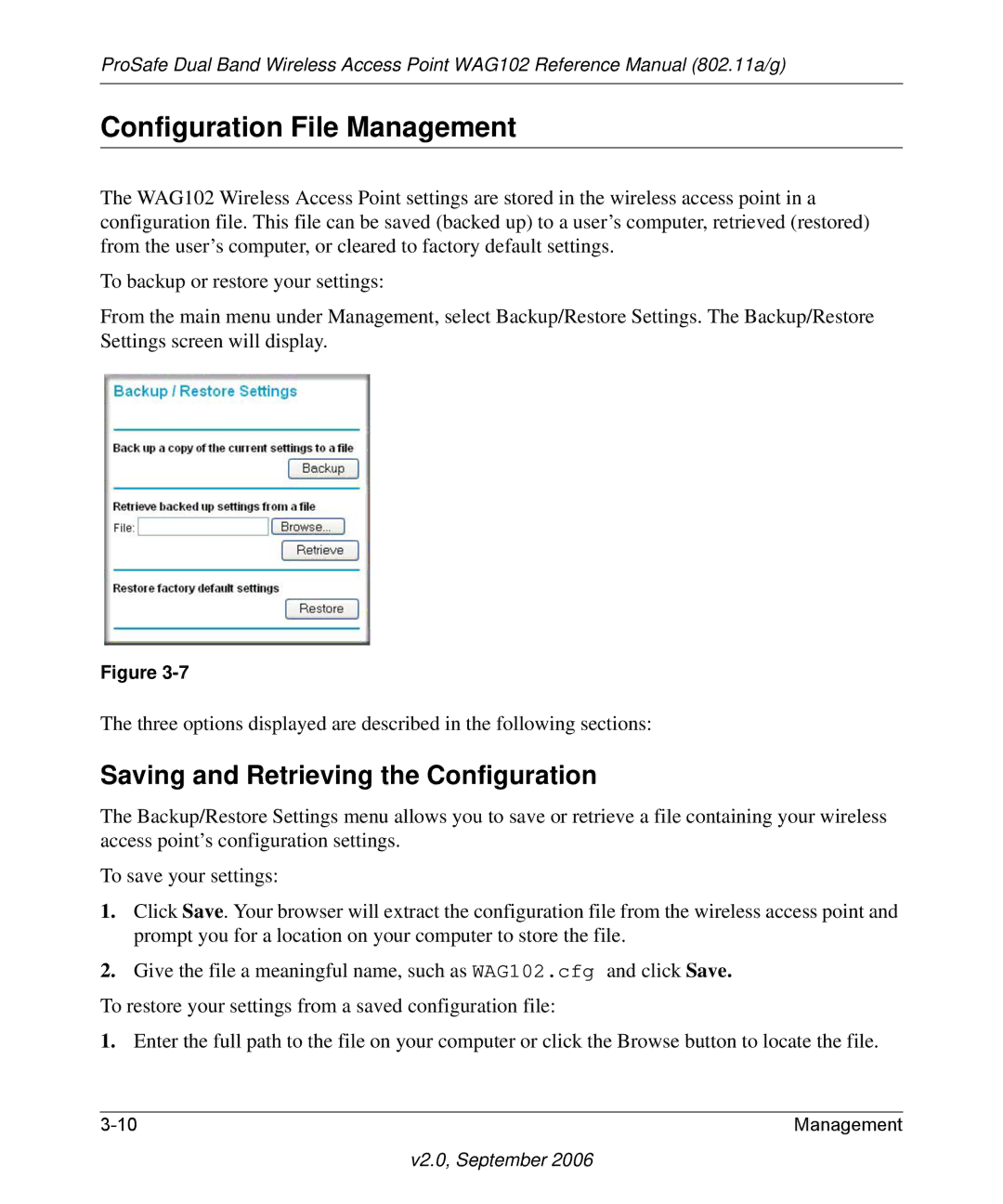 NETGEAR WAG102NA manual Configuration File Management, Saving and Retrieving the Configuration 