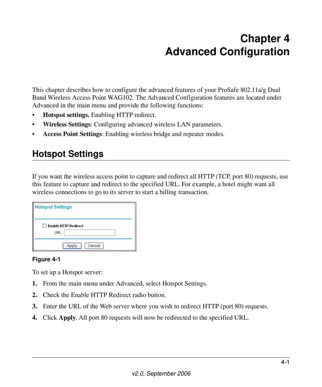 NETGEAR WAG102NA manual Chapter Advanced Configuration, Hotspot Settings 