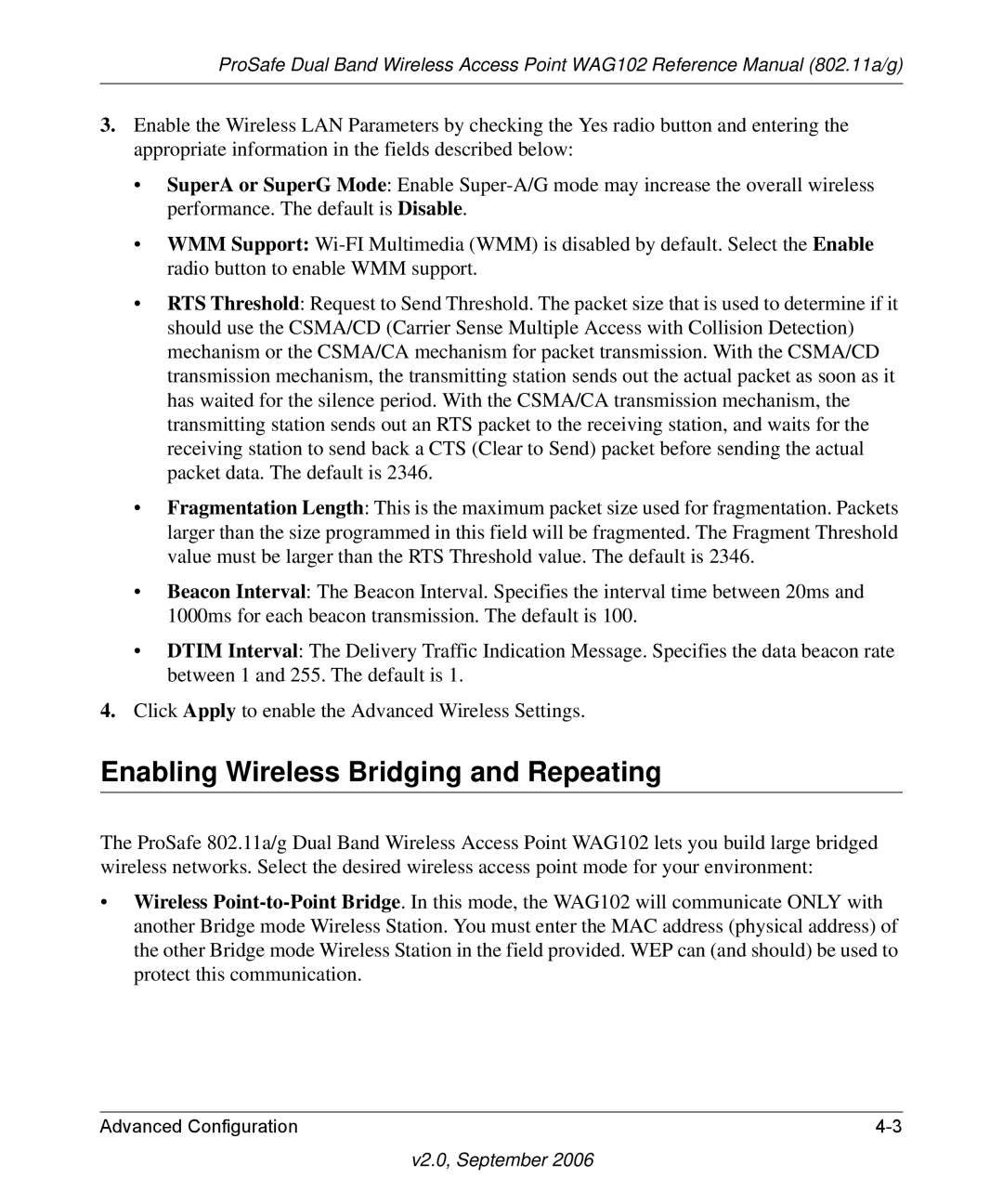 NETGEAR WAG102NA manual Enabling Wireless Bridging and Repeating 