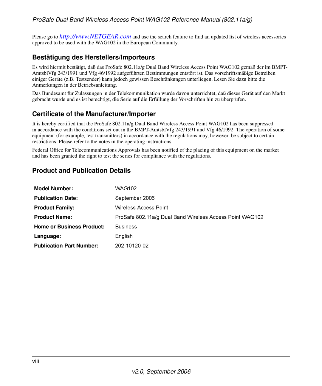 NETGEAR WAG102NA manual Bestätigung des Herstellers/Importeurs, Certificate of the Manufacturer/Importer 