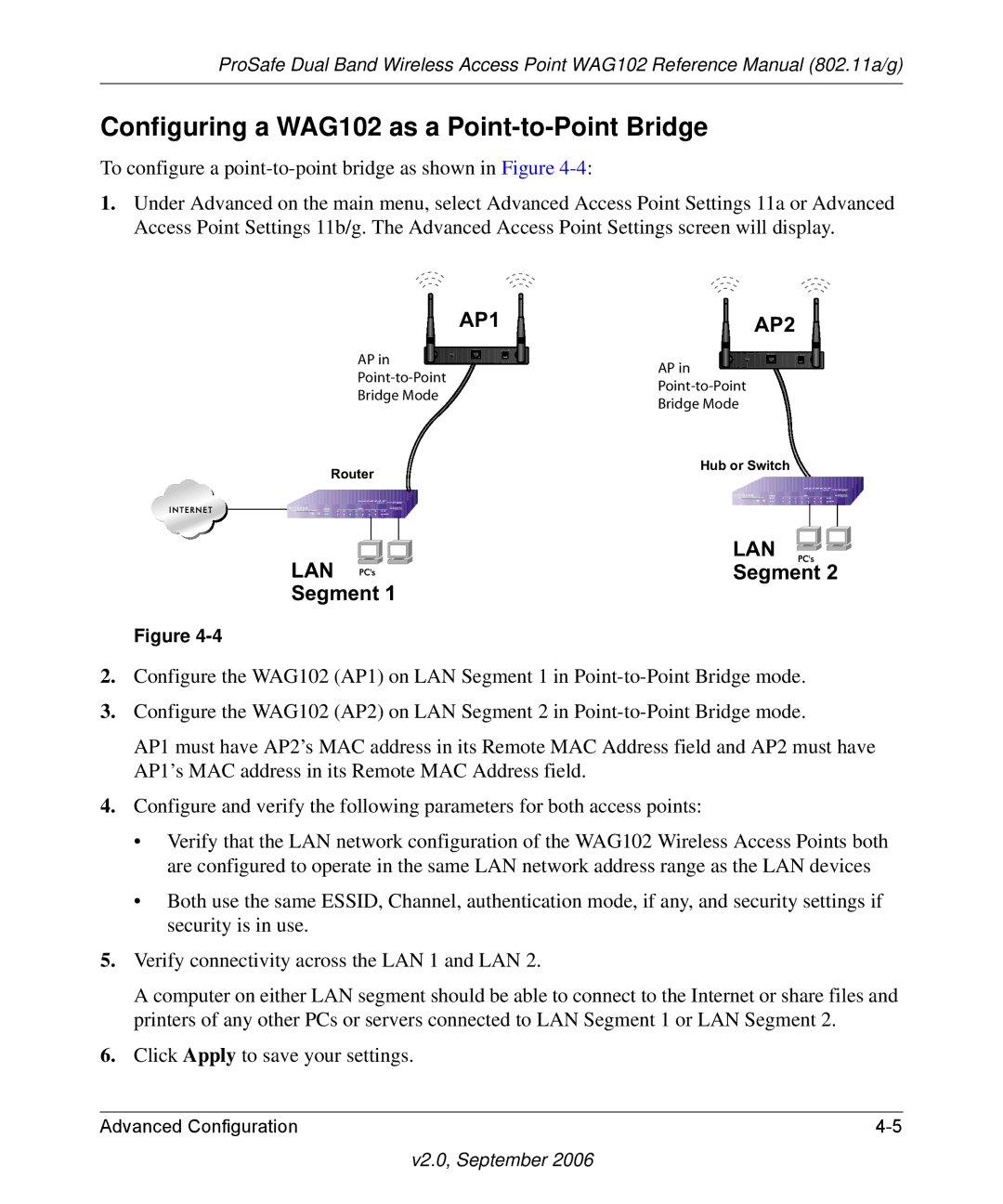 NETGEAR WAG102NA manual Configuring a WAG102 as a Point-to-Point Bridge 