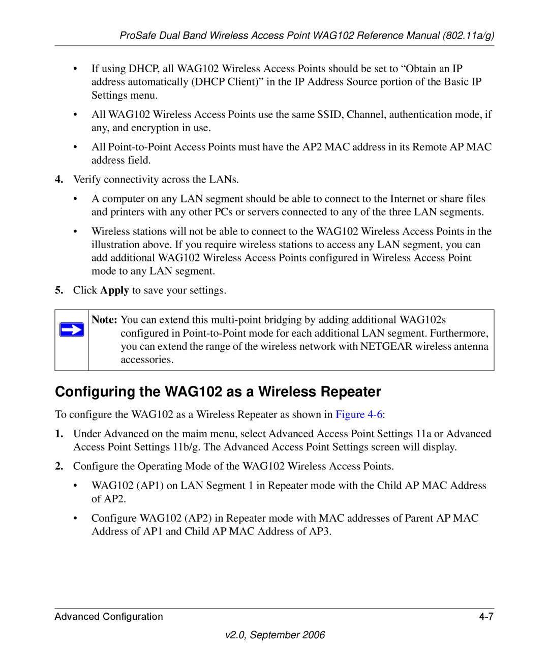 NETGEAR WAG102NA manual Configuring the WAG102 as a Wireless Repeater 