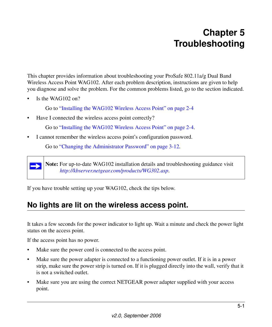 NETGEAR WAG102NA manual Chapter Troubleshooting, No lights are lit on the wireless access point 