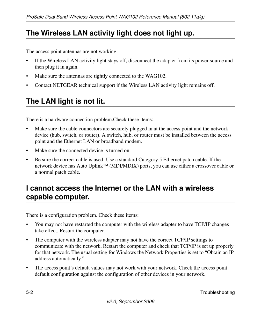 NETGEAR WAG102NA manual Wireless LAN activity light does not light up, LAN light is not lit 