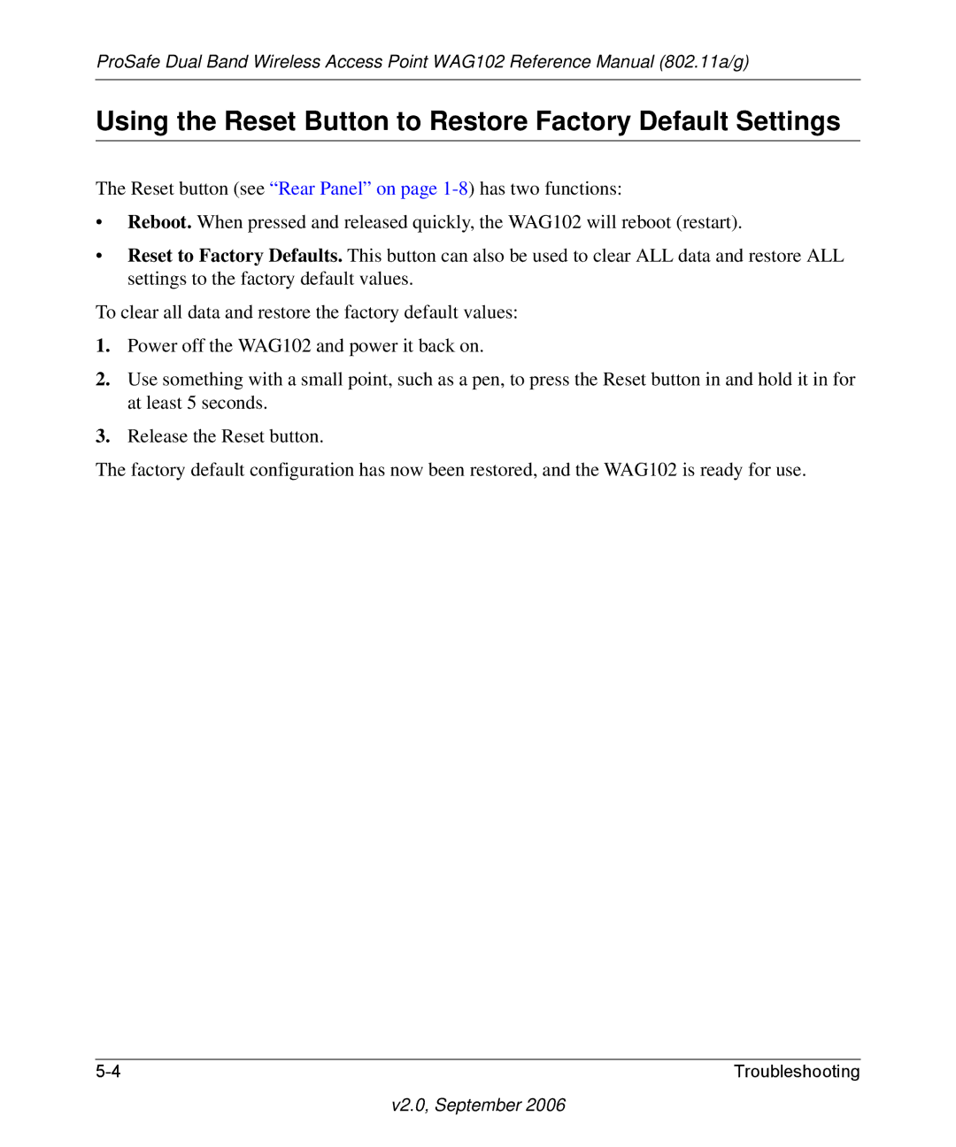 NETGEAR WAG102NA manual Using the Reset Button to Restore Factory Default Settings 