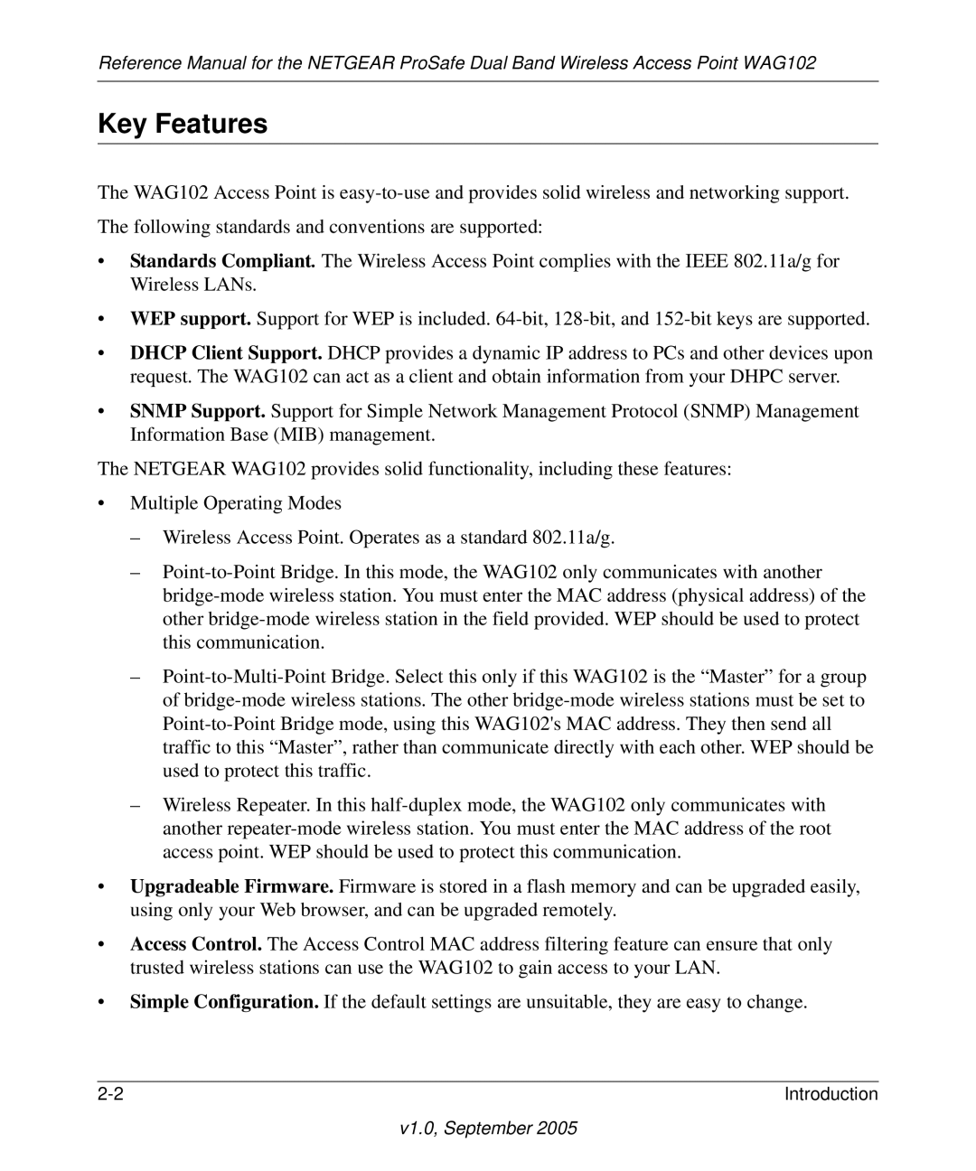 NETGEAR WAG102 manual Key Features 