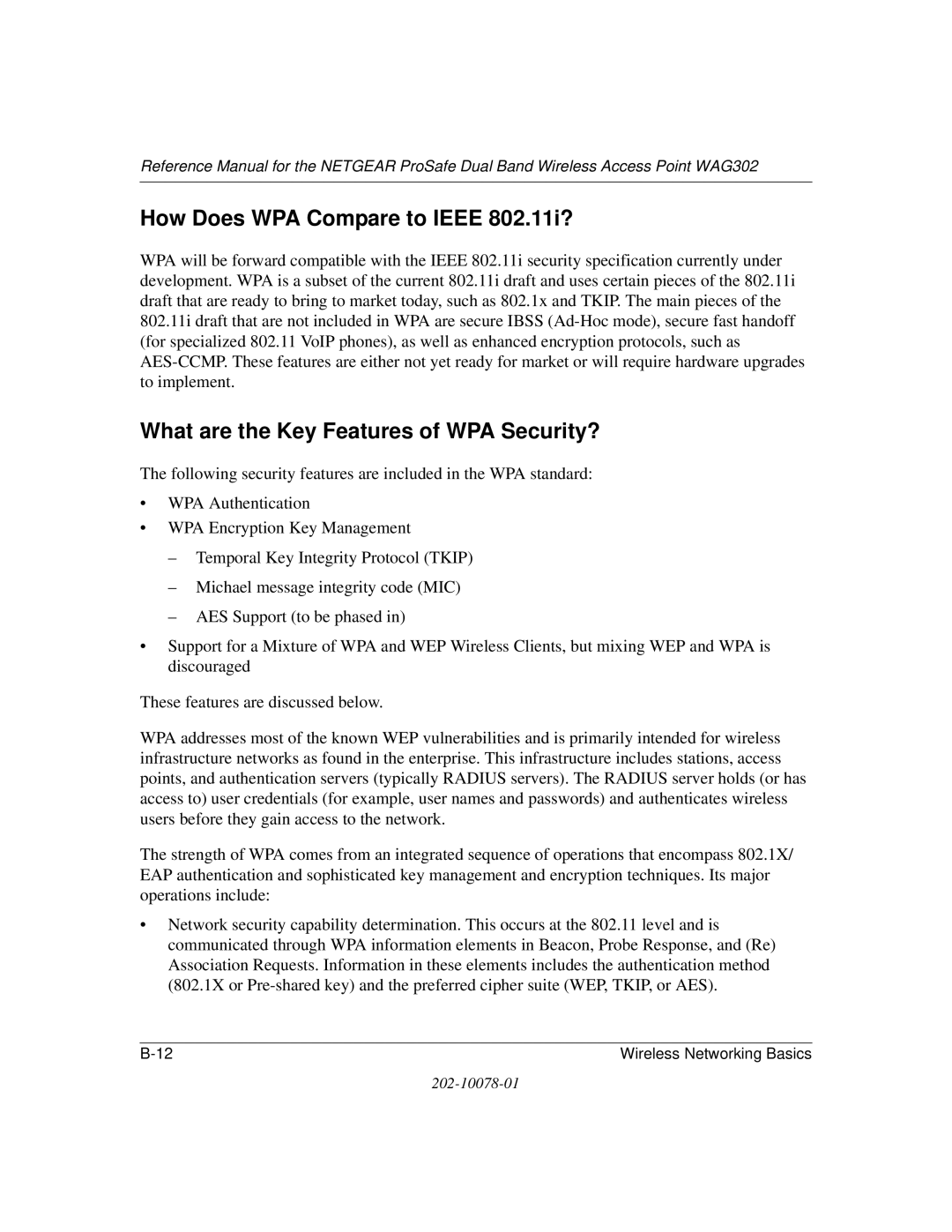 NETGEAR WAG302 manual How Does WPA Compare to Ieee 802.11i?, What are the Key Features of WPA Security? 