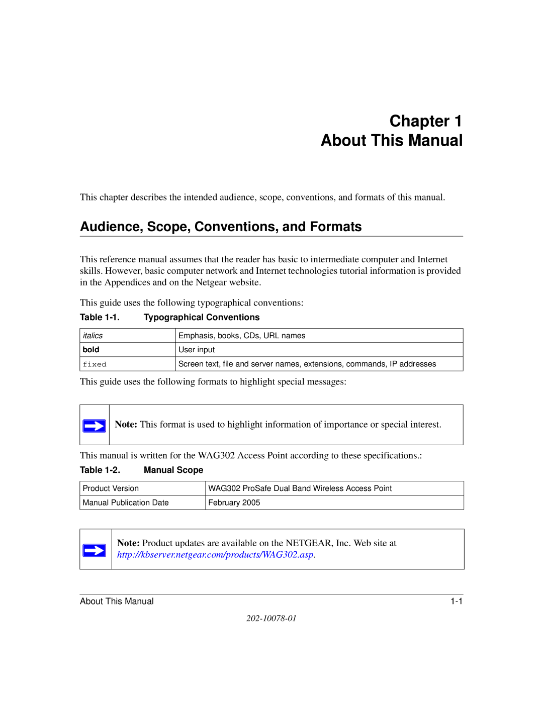 NETGEAR WAG302 manual Chapter About This Manual, Audience, Scope, Conventions, and Formats, Bold 