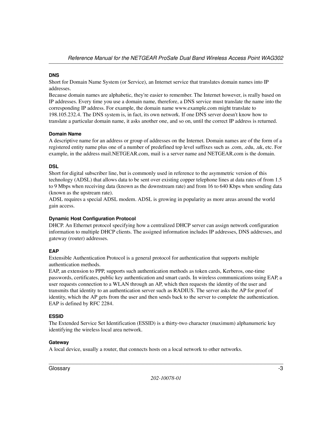 NETGEAR WAG302 manual Domain Name, Dynamic Host Configuration Protocol 