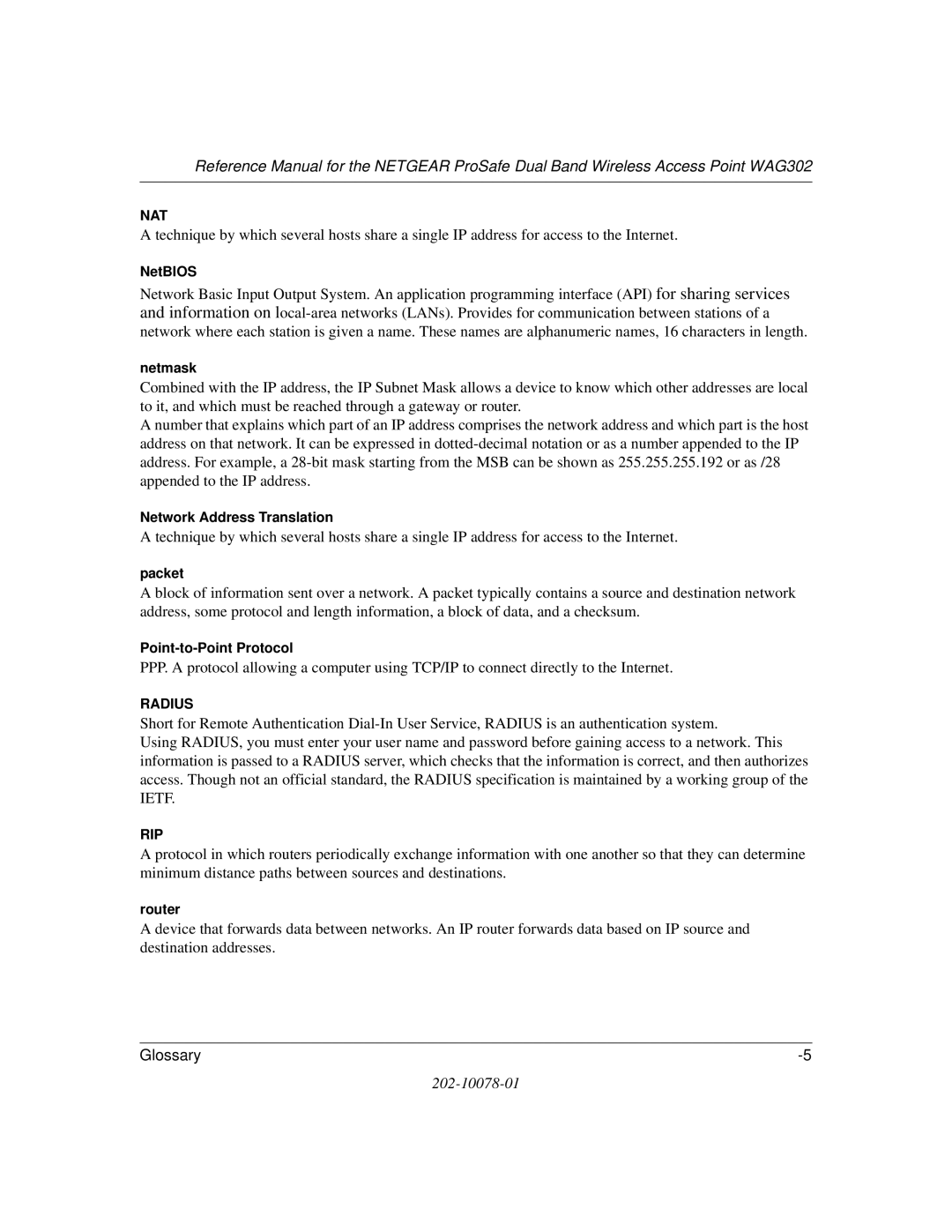 NETGEAR WAG302 manual NetBIOS, Netmask, Network Address Translation, Packet, Point-to-Point Protocol, Router 