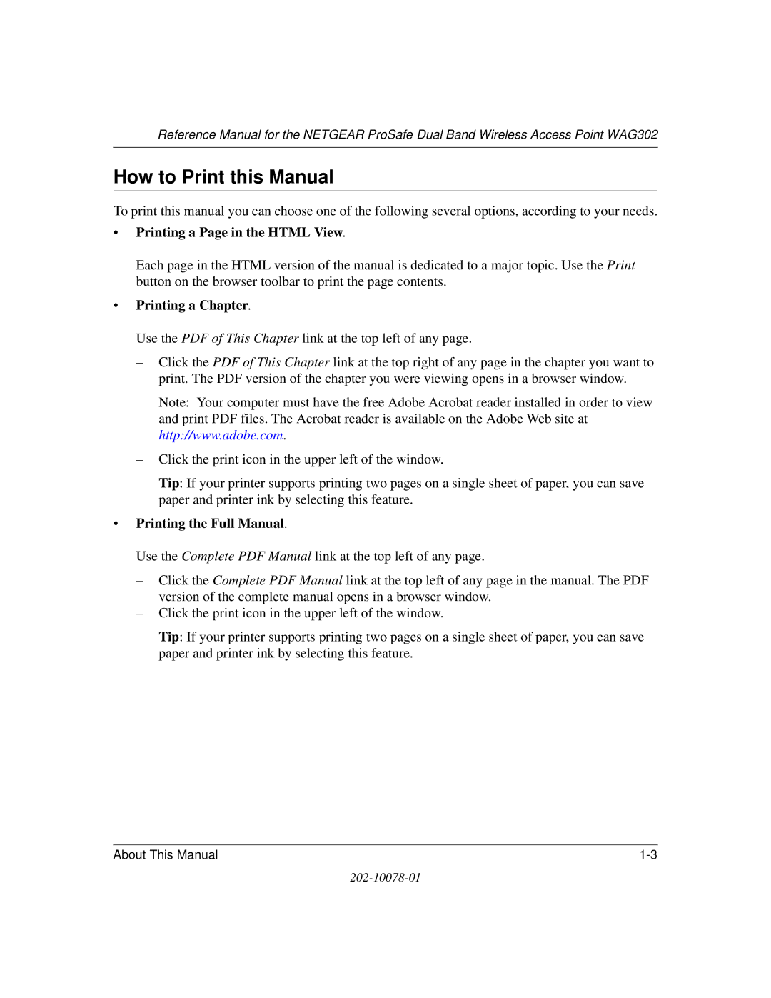 NETGEAR WAG302 manual How to Print this Manual, Printing a Page in the Html View 