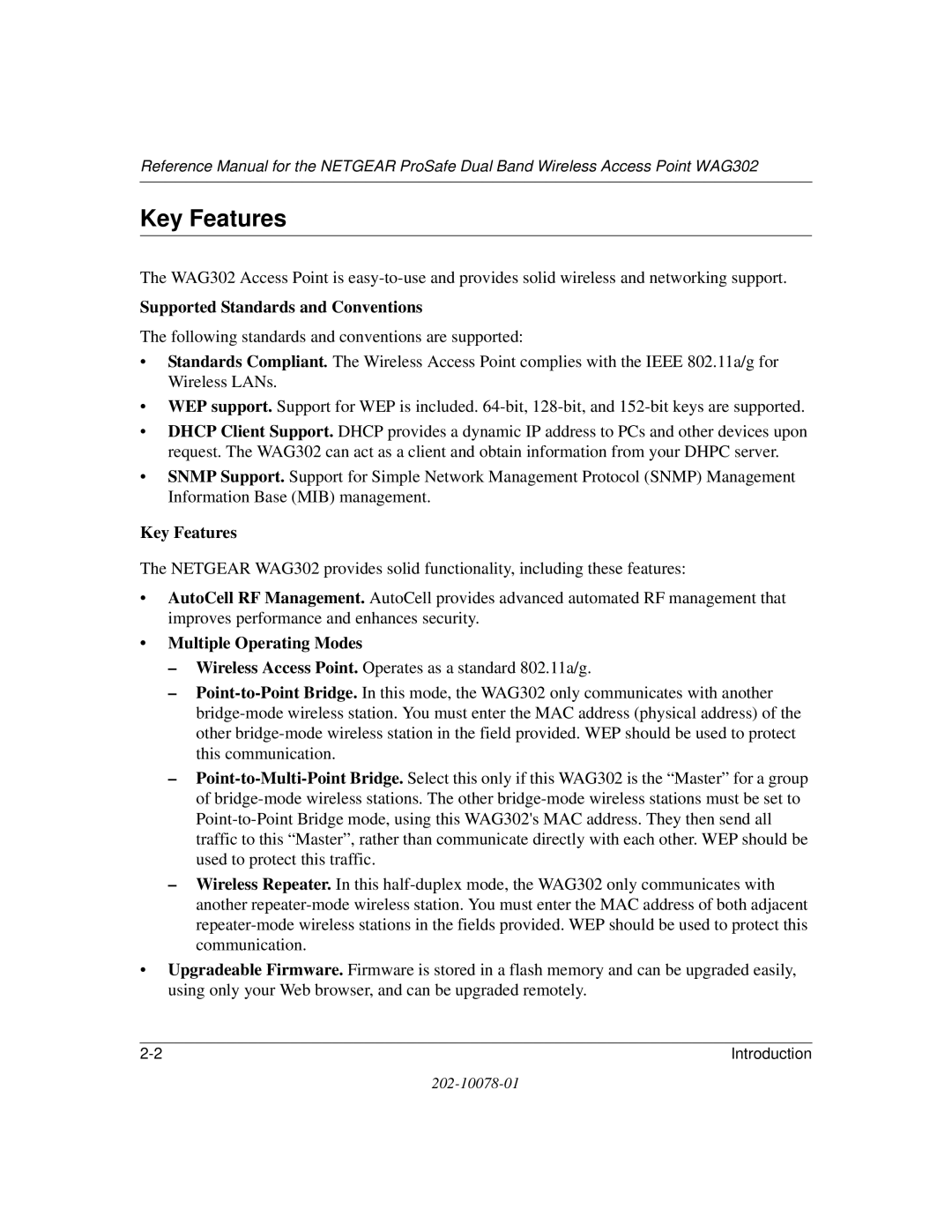 NETGEAR WAG302 manual Key Features, Supported Standards and Conventions 