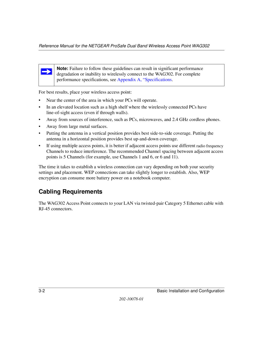 NETGEAR WAG302 manual Cabling Requirements 