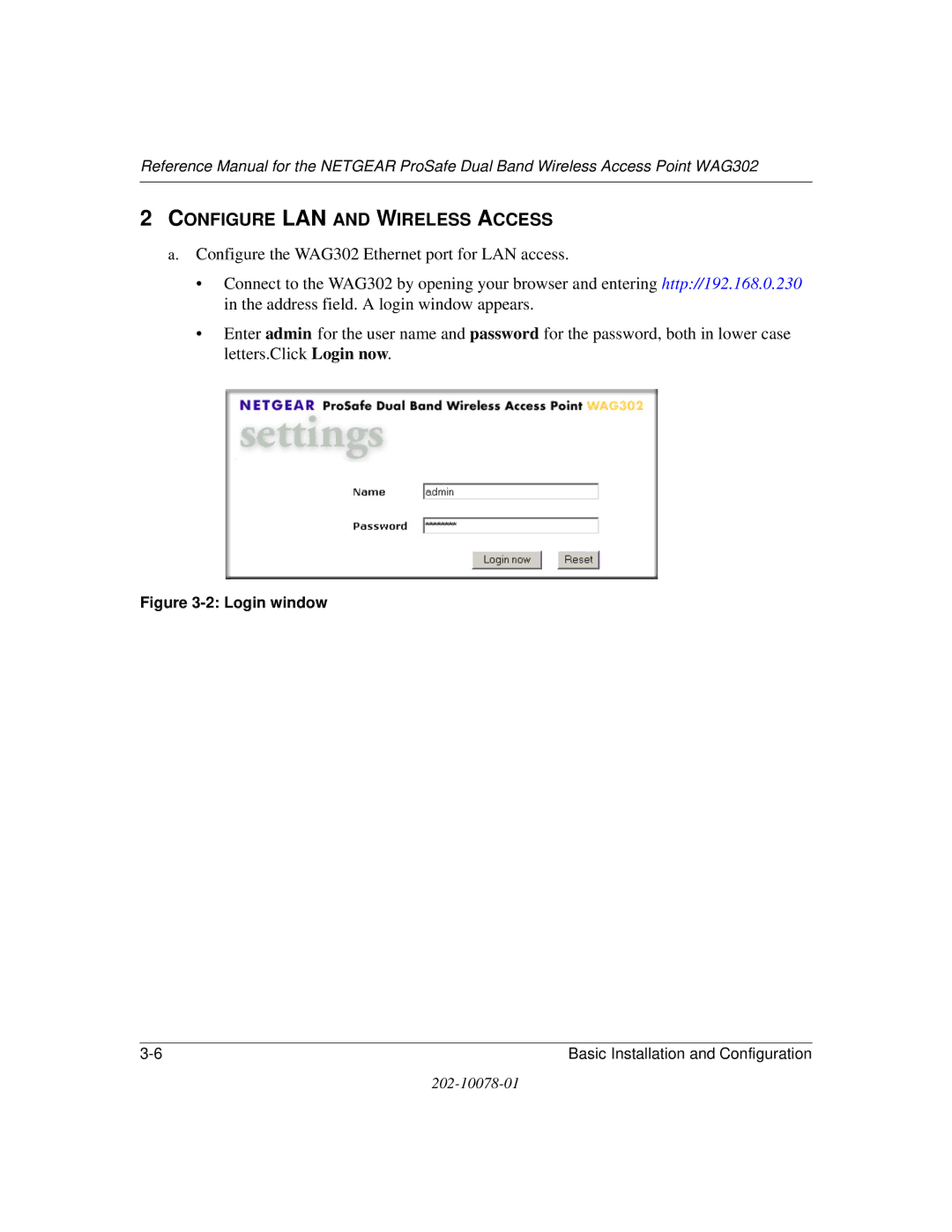 NETGEAR WAG302 manual Login window 