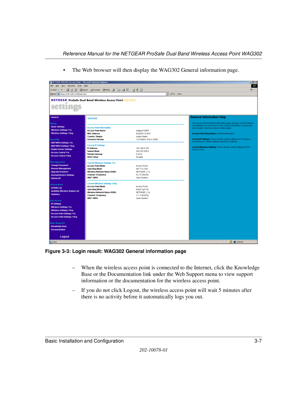 NETGEAR manual Web browser will then display the WAG302 General information 