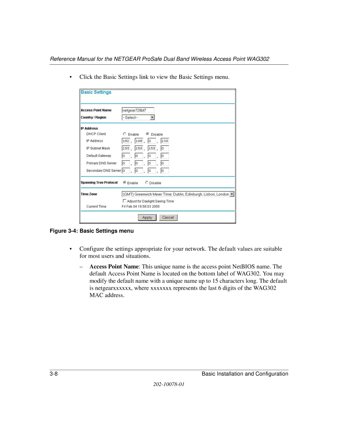 NETGEAR WAG302 manual Basic Settings menu 