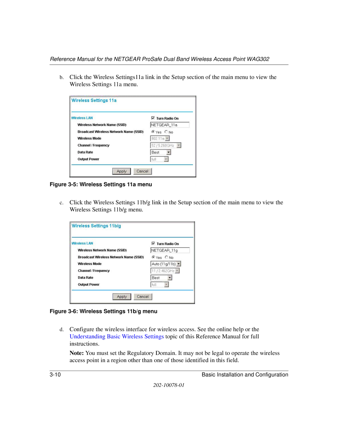 NETGEAR WAG302 manual Wireless Settings 11a menu 