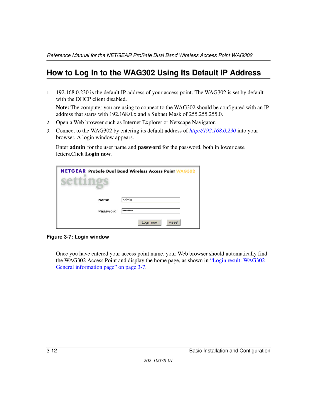 NETGEAR manual How to Log In to the WAG302 Using Its Default IP Address, Login window 