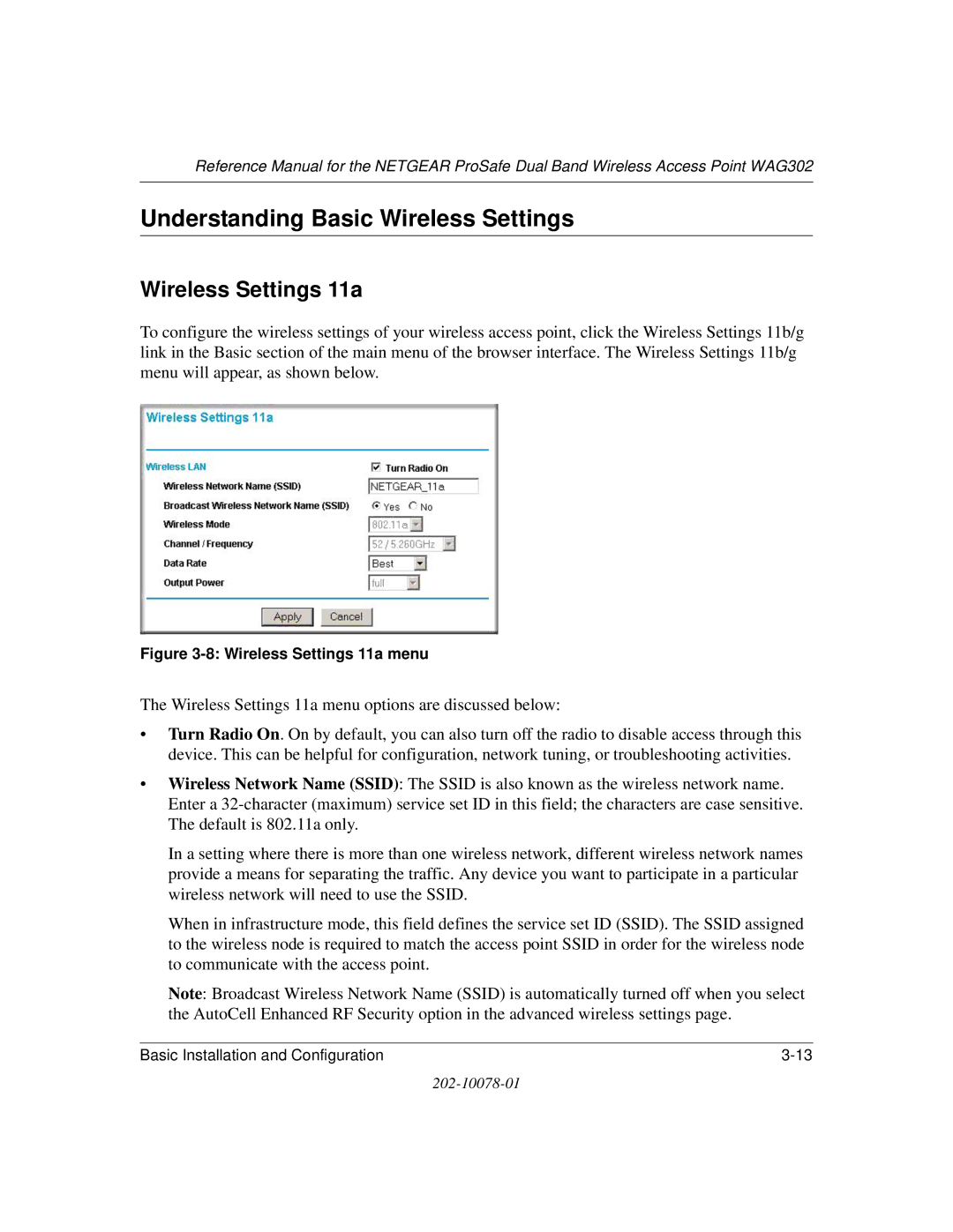 NETGEAR WAG302 manual Understanding Basic Wireless Settings, Wireless Settings 11a 