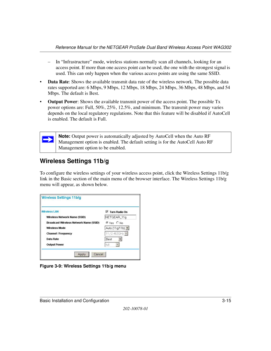 NETGEAR WAG302 manual Wireless Settings 11b/g menu 