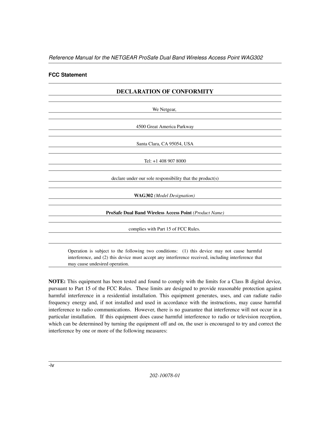 NETGEAR WAG302 manual Declaration of Conformity 