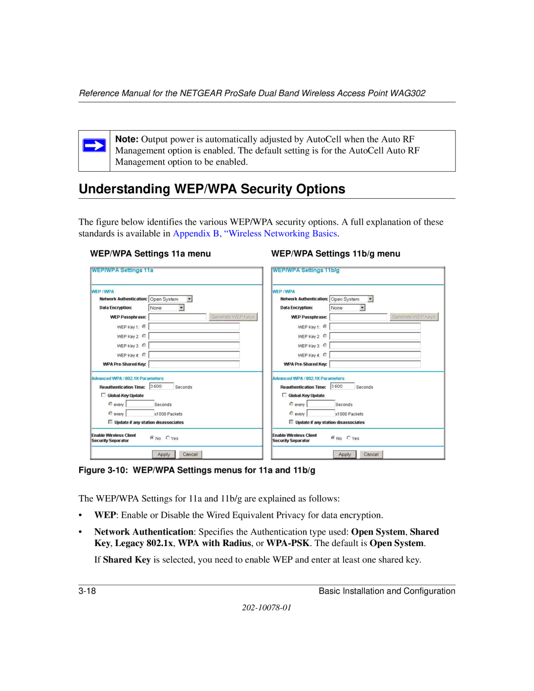 NETGEAR WAG302 manual Understanding WEP/WPA Security Options, 10 WEP/WPA Settings menus for 11a and 11b/g 