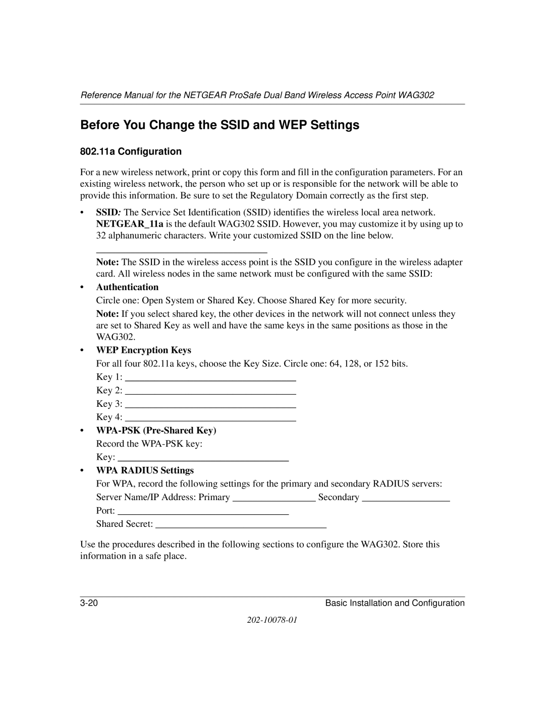 NETGEAR WAG302 manual Before You Change the Ssid and WEP Settings, 802.11a Configuration 