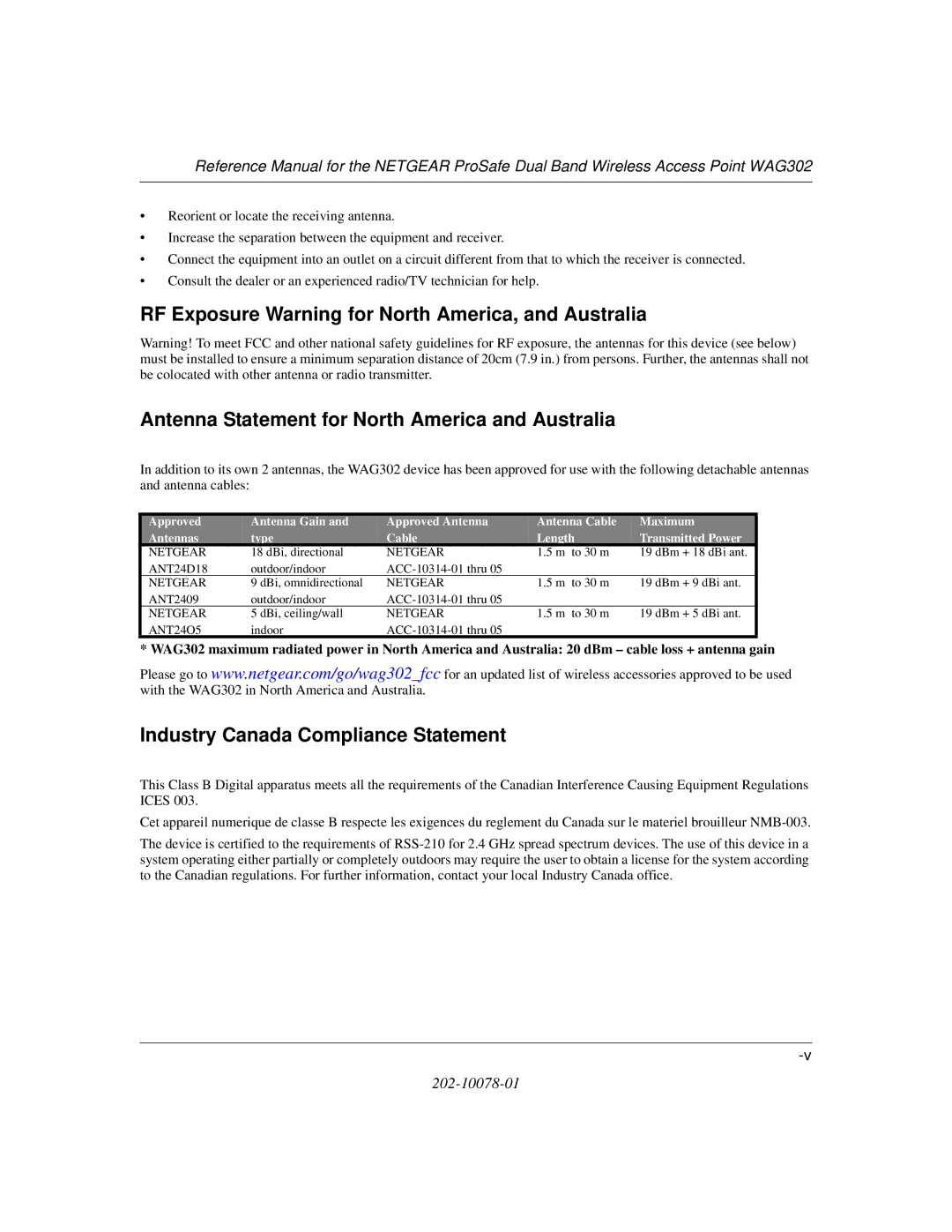 NETGEAR WAG302 manual Industry Canada Compliance Statement 