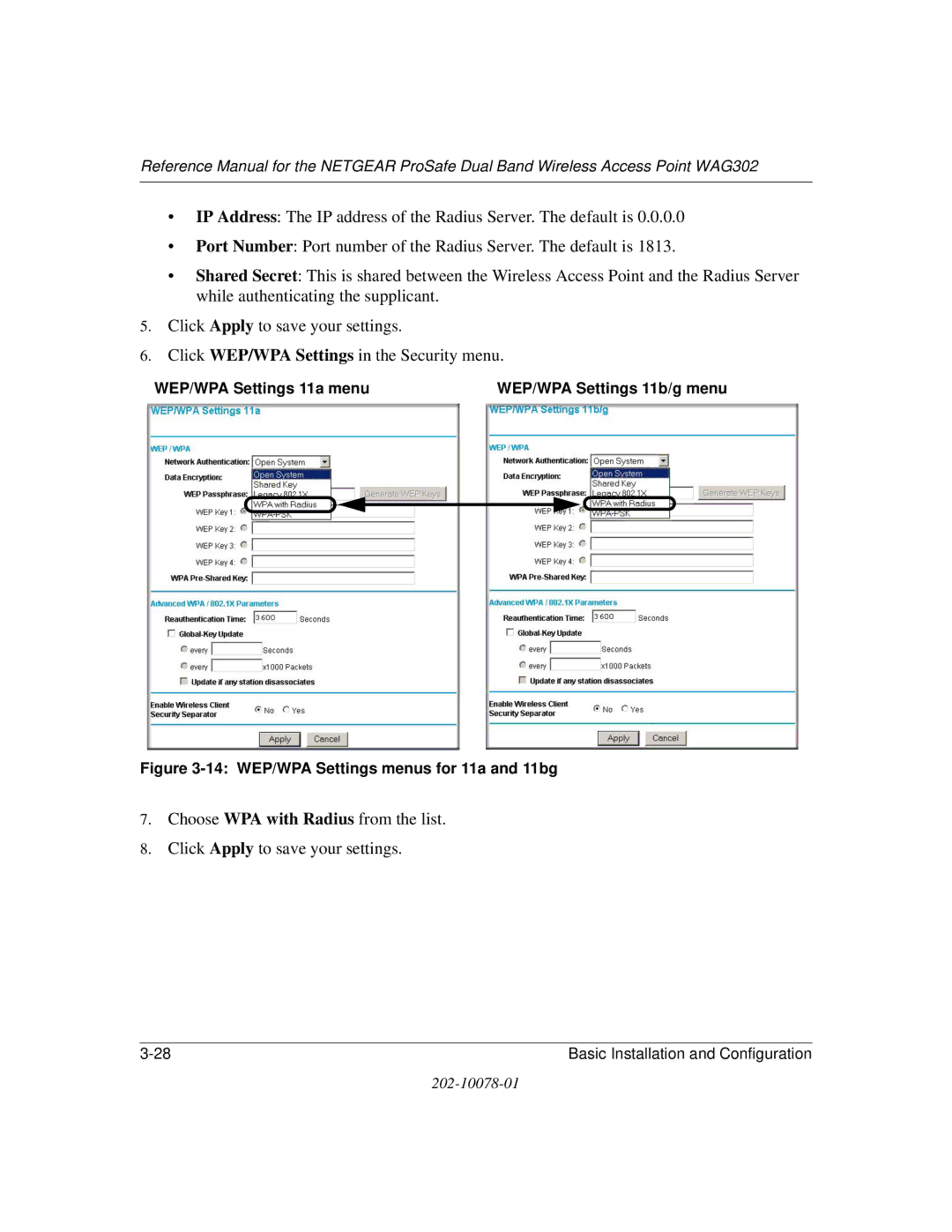 NETGEAR WAG302 manual 14 WEP/WPA Settings menus for 11a and 11bg 