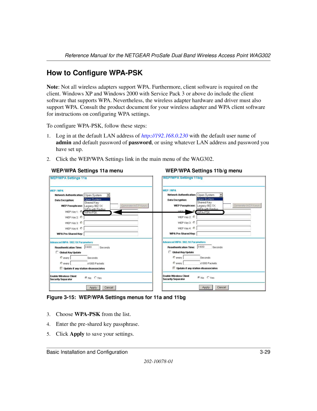 NETGEAR WAG302 manual How to Configure WPA-PSK, 15 WEP/WPA Settings menus for 11a and 11bg 