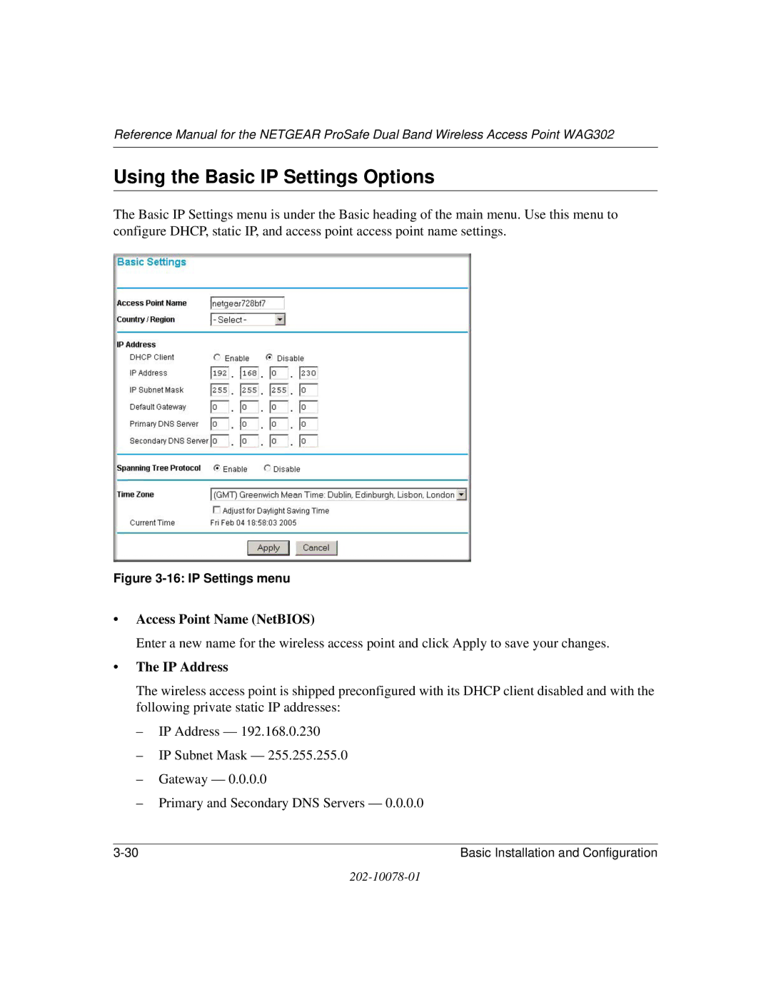 NETGEAR WAG302 manual Using the Basic IP Settings Options, IP Address 