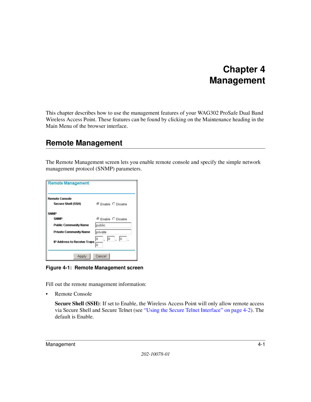 NETGEAR WAG302 manual Chapter Management, Remote Management 