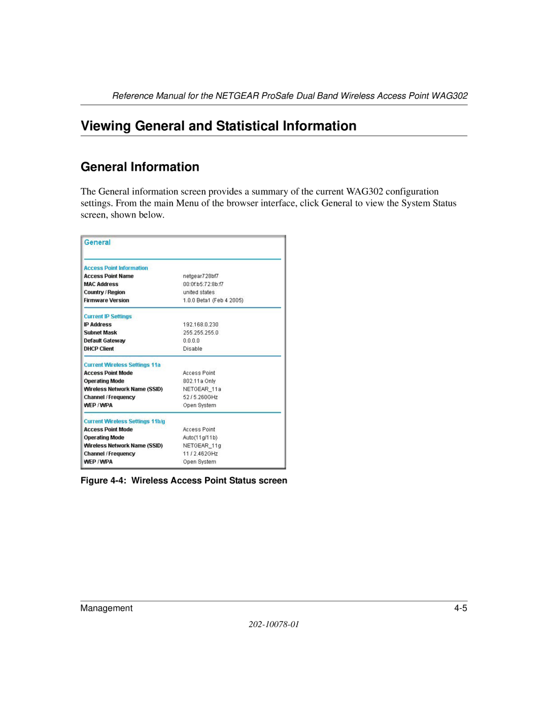 NETGEAR WAG302 manual Viewing General and Statistical Information, General Information 