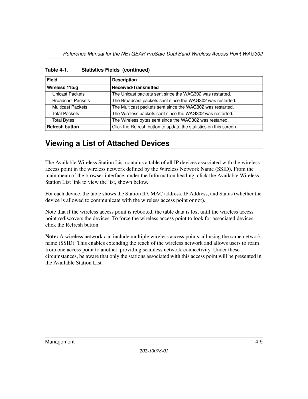 NETGEAR WAG302 Viewing a List of Attached Devices, Field Description Wireless 11b/g Received/Transmitted, Refresh button 