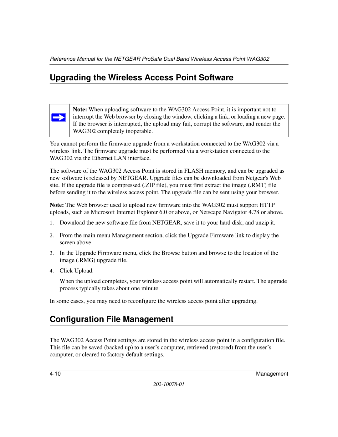 NETGEAR WAG302 manual Upgrading the Wireless Access Point Software, Configuration File Management 