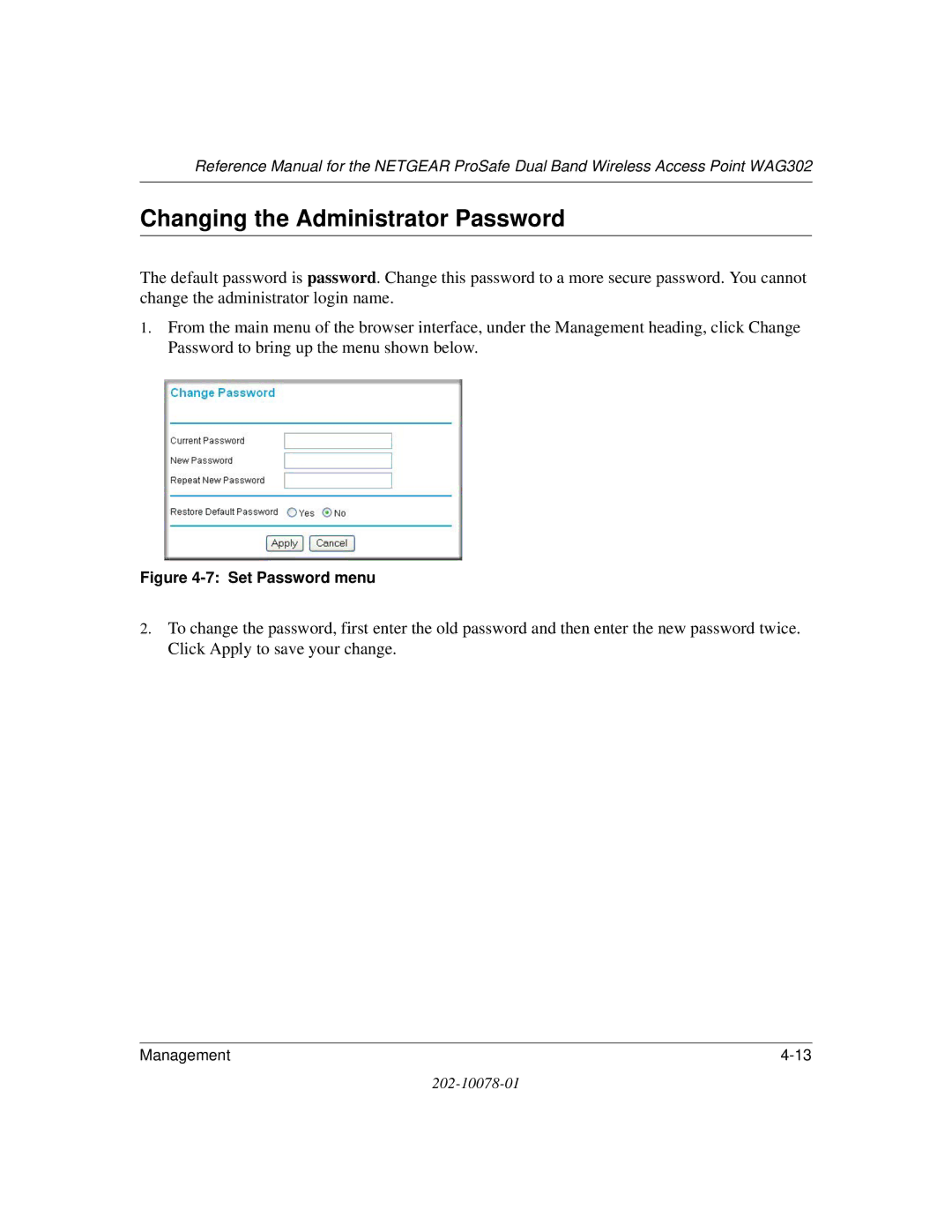 NETGEAR WAG302 manual Changing the Administrator Password, Set Password menu 