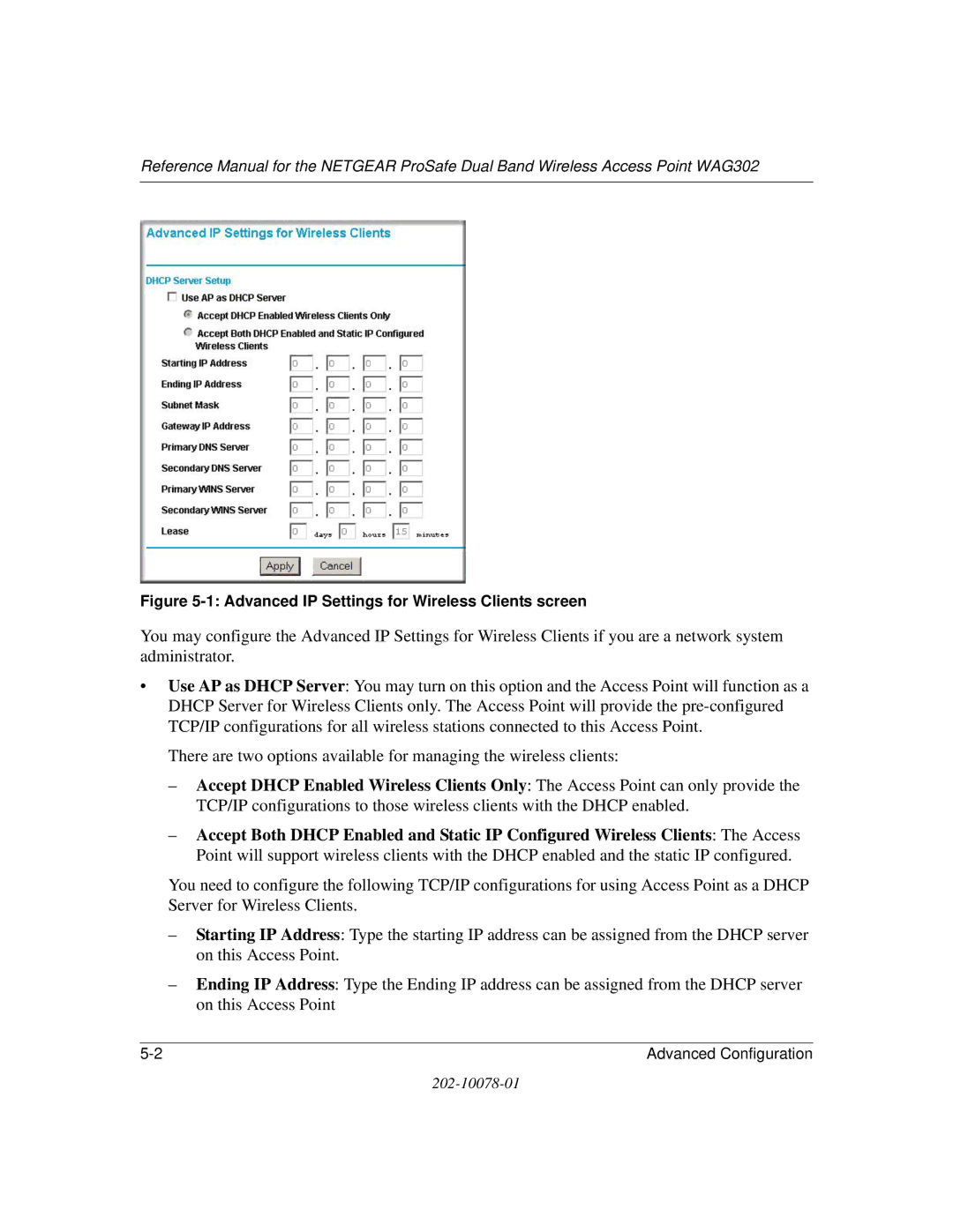 NETGEAR WAG302 manual Advanced IP Settings for Wireless Clients screen 