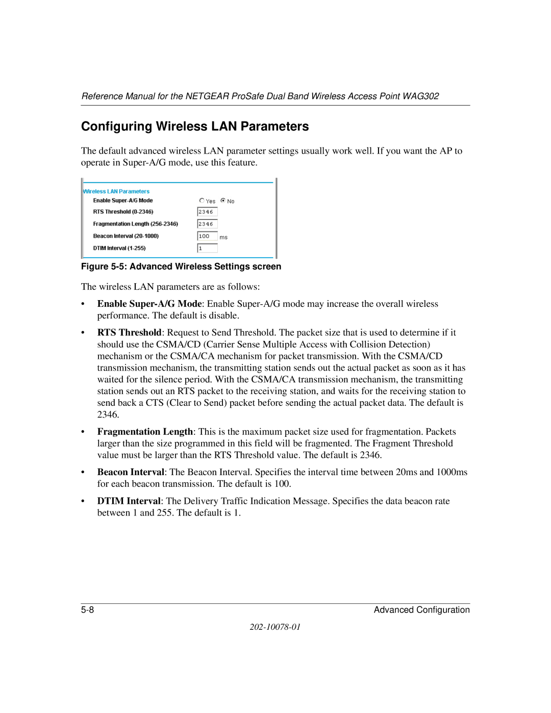 NETGEAR WAG302 manual Configuring Wireless LAN Parameters, Advanced Wireless Settings screen 