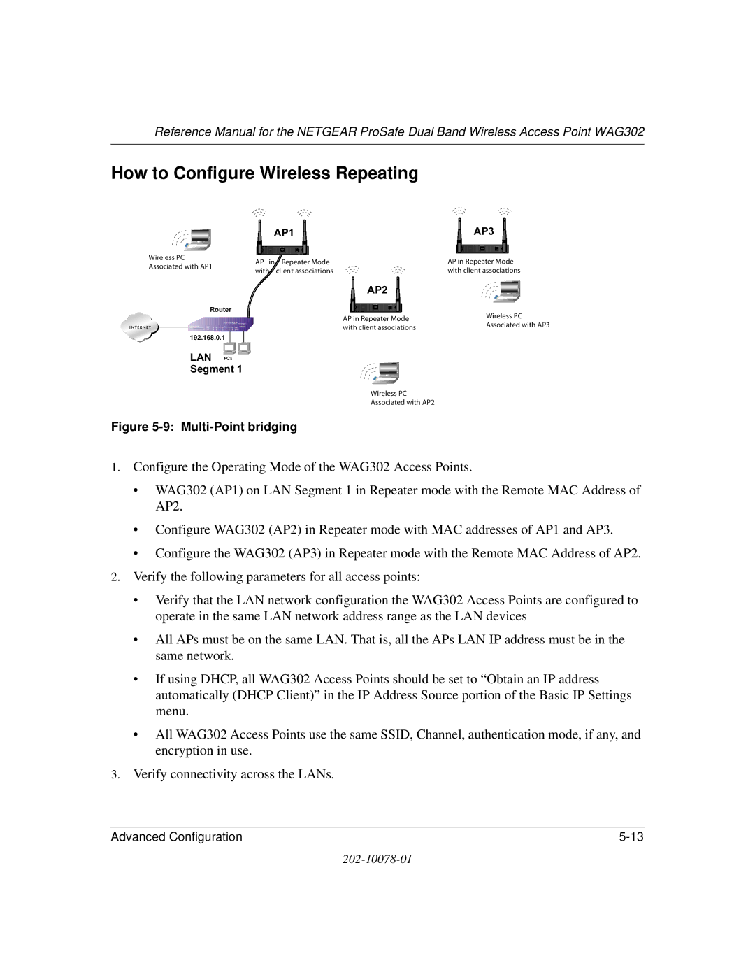 NETGEAR WAG302 manual How to Configure Wireless Repeating, Multi-Point bridging 