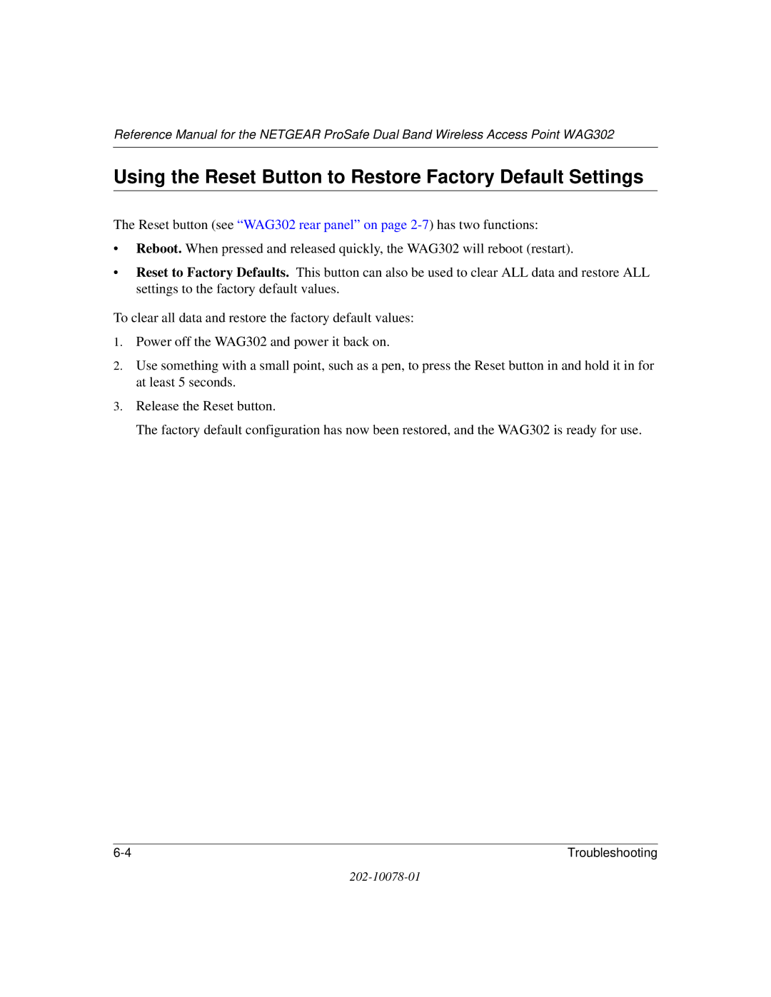 NETGEAR WAG302 manual Using the Reset Button to Restore Factory Default Settings 