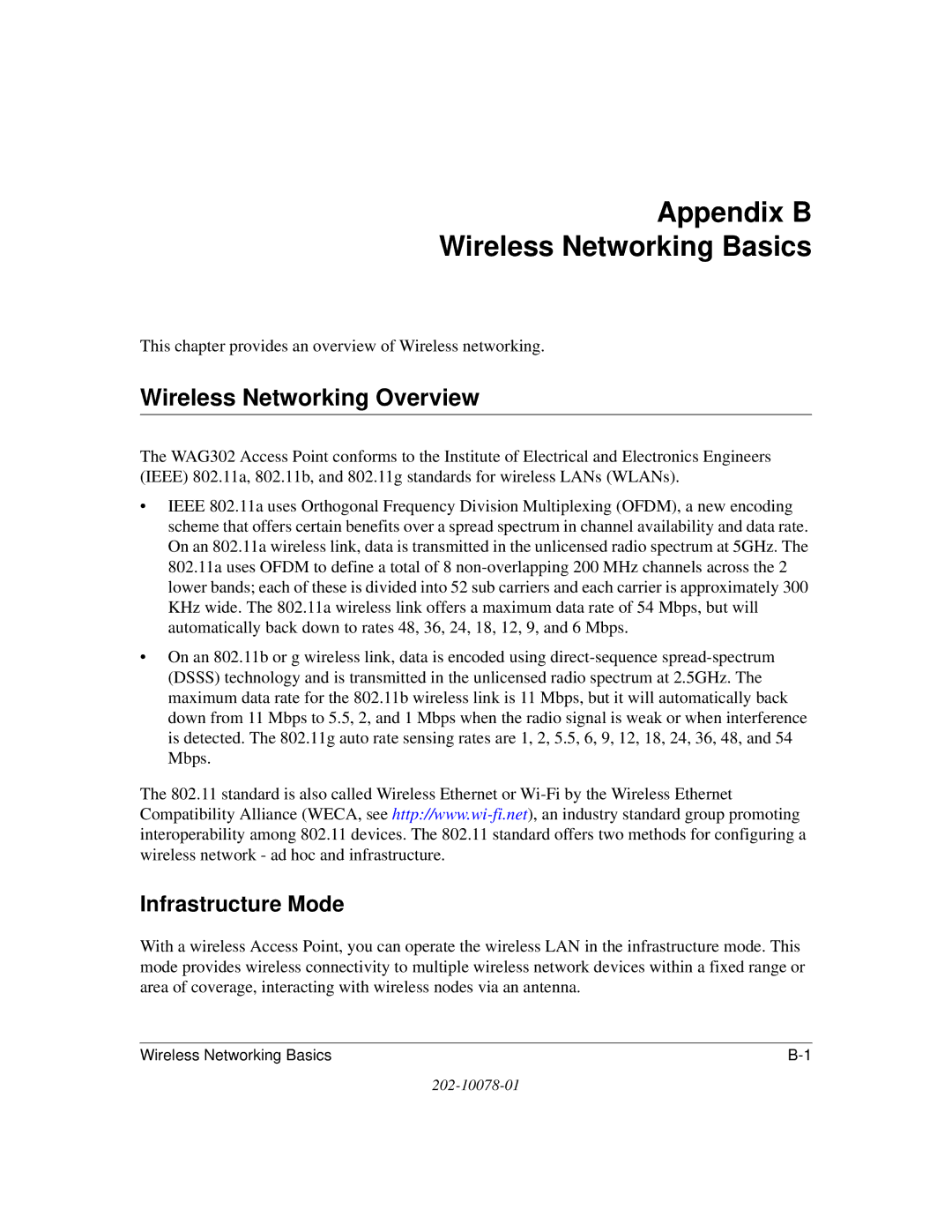 NETGEAR WAG302 manual Appendix B Wireless Networking Basics, Wireless Networking Overview, Infrastructure Mode 