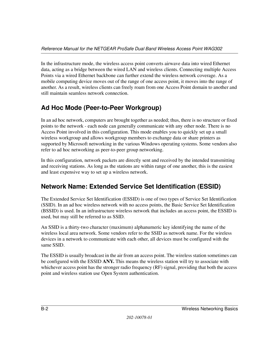 NETGEAR WAG302 manual Ad Hoc Mode Peer-to-Peer Workgroup, Network Name Extended Service Set Identification Essid 