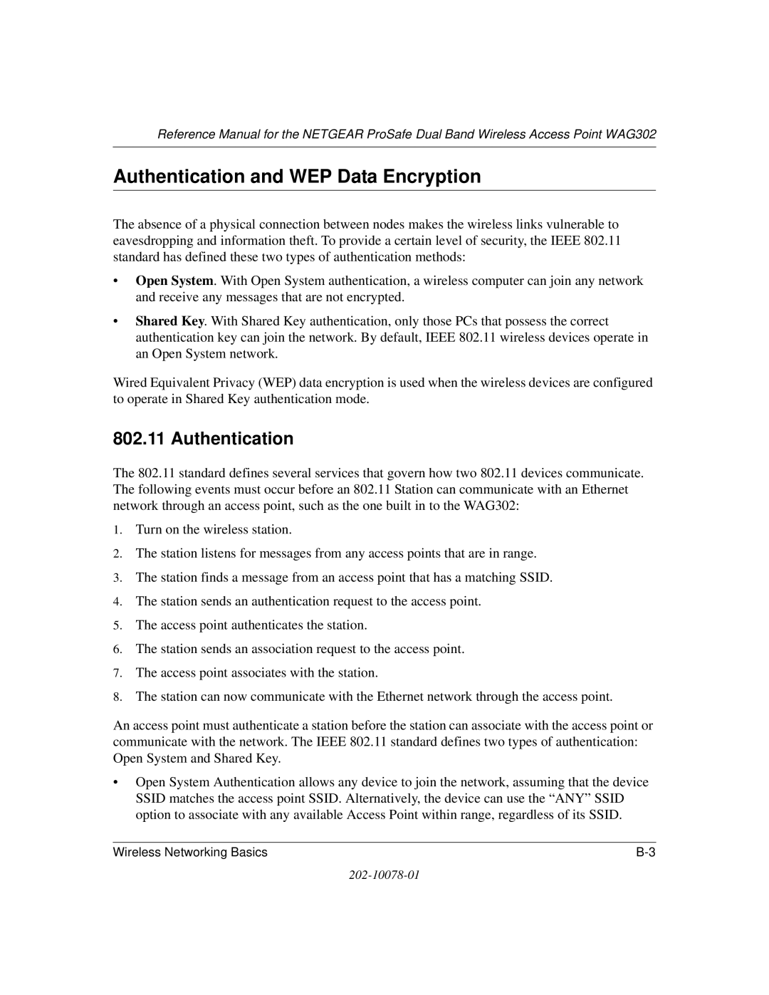 NETGEAR WAG302 manual Authentication and WEP Data Encryption 