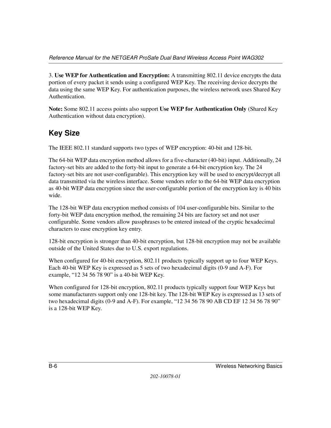 NETGEAR WAG302 manual Key Size 